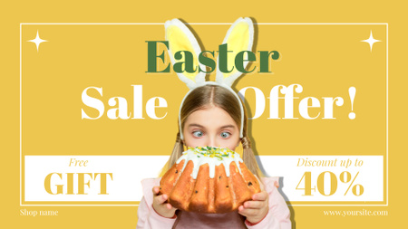 Funny Child with Bunny Ears Holding Beautiful Easter Cake FB event cover Design Template