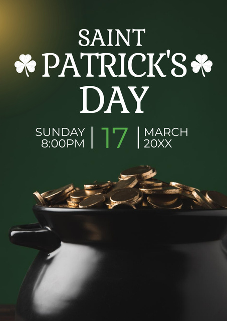 St. Patrick's Day Party Announcement with Pot of Coins Poster Design Template