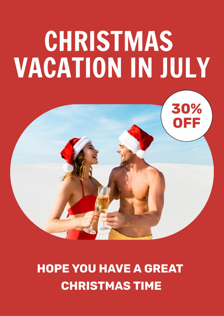Christmas Holiday in July with Young Couple on Seashore Flyer A4 Design Template