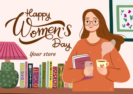 Women's Day Greeting with Cute Young Woman Card Design Template