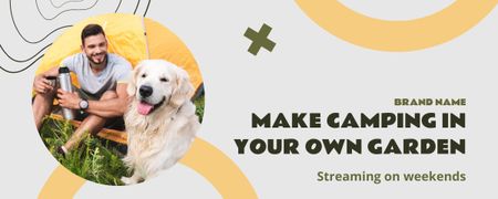 Ontwerpsjabloon van Twitch Profile Banner van Man met Golden Retriever-hond in Tent