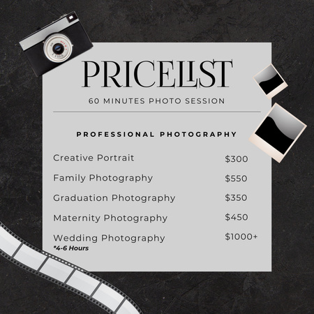 Photography Price List Instagram Design Template