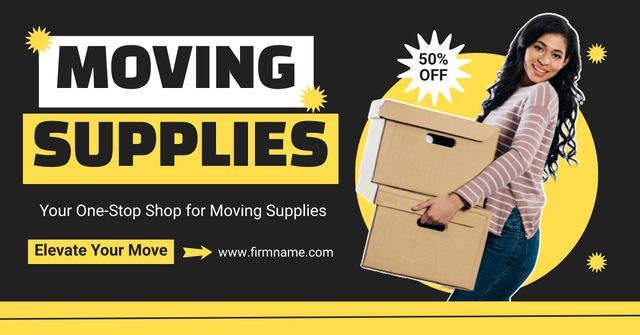 Discount on Moving Supplies with Woman holding Box Facebook AD Tasarım Şablonu