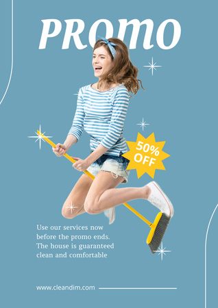 Funny Girl Flying on Mop Poster Design Template