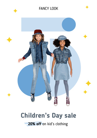 Children Clothing Sale with Cute Girls in Denim Poster 28x40in Design Template