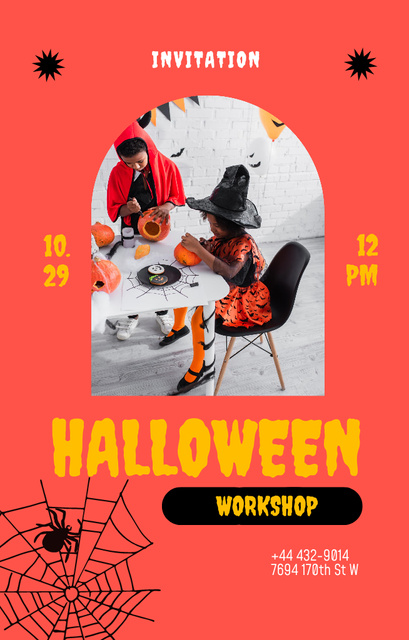 Children on Halloween's Workshop on Red Invitation 4.6x7.2in Design Template