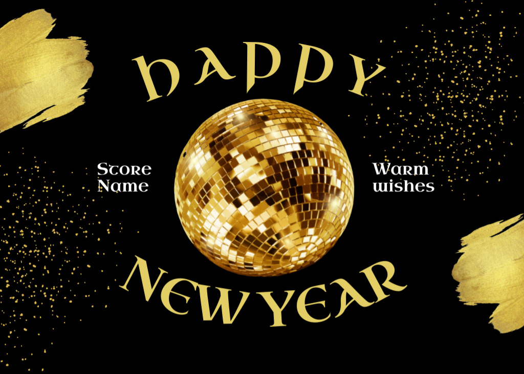 Designvorlage New Year Holiday Greeting with Golden Disco Ball in Black für Postcard 5x7in