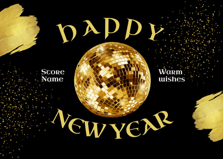 New Year Holiday Greeting with Golden Disco Ball in Black Postcard 5x7in Design Template