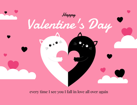 Sevimli Kediler ve Kalpler ile Sevgililer Gününüz Kutlu Olsun Thank You Card 5.5x4in Horizontal Tasarım Şablonu