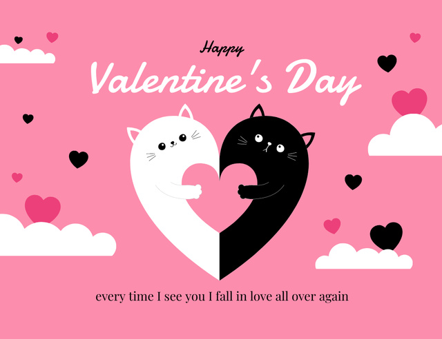 Happy Valentine's Day Congrats with Cute Cats And Hearts Thank You Card 5.5x4in Horizontal Šablona návrhu