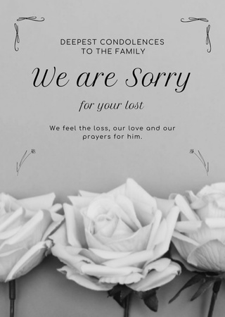 Ontwerpsjabloon van Postcard A6 Vertical van Condoleanceberichten op zwart-wit bloemen