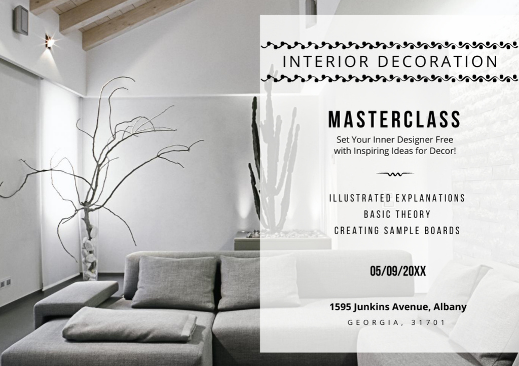 Interior Decoration Masterclass Ad with Cozy Corner Couch in Grey Flyer A5 Horizontalデザインテンプレート