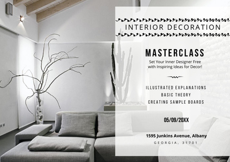 Interior decoration masterclass with Sofa in grey Flyer A5 Horizontal Design Template