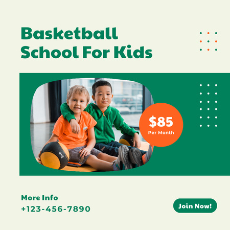 Recruitment Announcement for Children's Basketball School Instagram Design Template