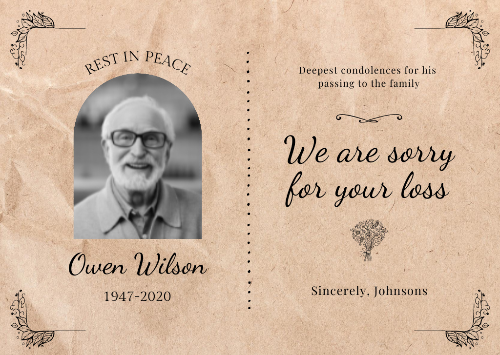 Condolence Phrase with Elderly Man in Glasses Card Πρότυπο σχεδίασης