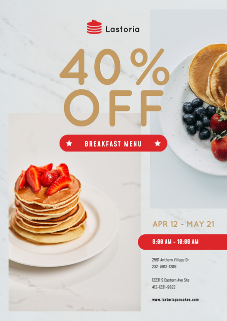 Cafe Menu Offer with Stack of Pancakes with Strawberries Poster A3 Design Template