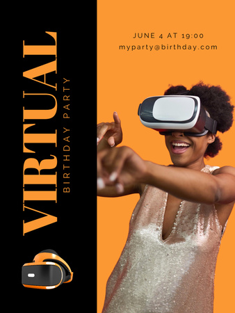 Virtual Birthday Party Invitation on Black and Orange Poster US Design Template