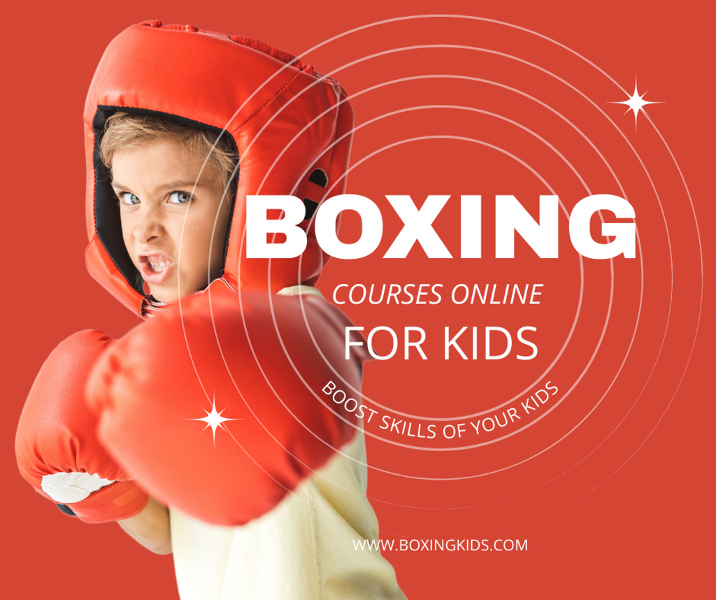 Boxing Classes Ad with Boy in Red Gloves Facebookデザインテンプレート