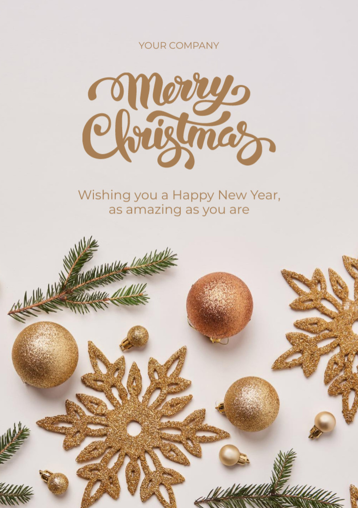 Szablon projektu Christmas And New Year Greeting With Baubles And Twig Postcard A5 Vertical