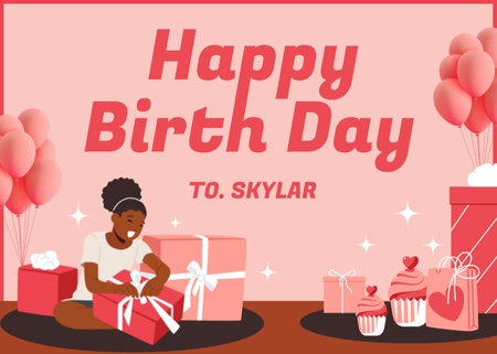 Designvorlage Afroamerikanisches Mädchen packt Geburtstagsgeschenke aus für Postcard 5x7in