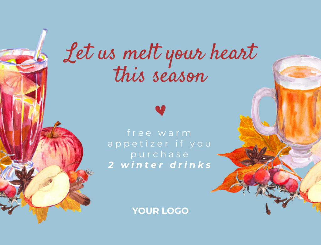 Offer of Winter Drinks with Watercolor Illustration Postcard 4.2x5.5in Tasarım Şablonu