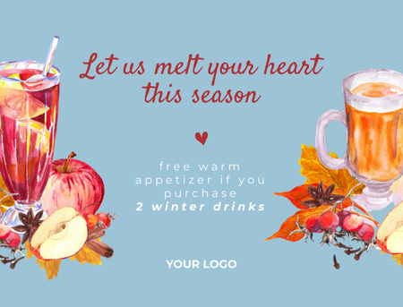 Platilla de diseño Offer of Winter Drinks with Watercolor Illustration Postcard 4.2x5.5in