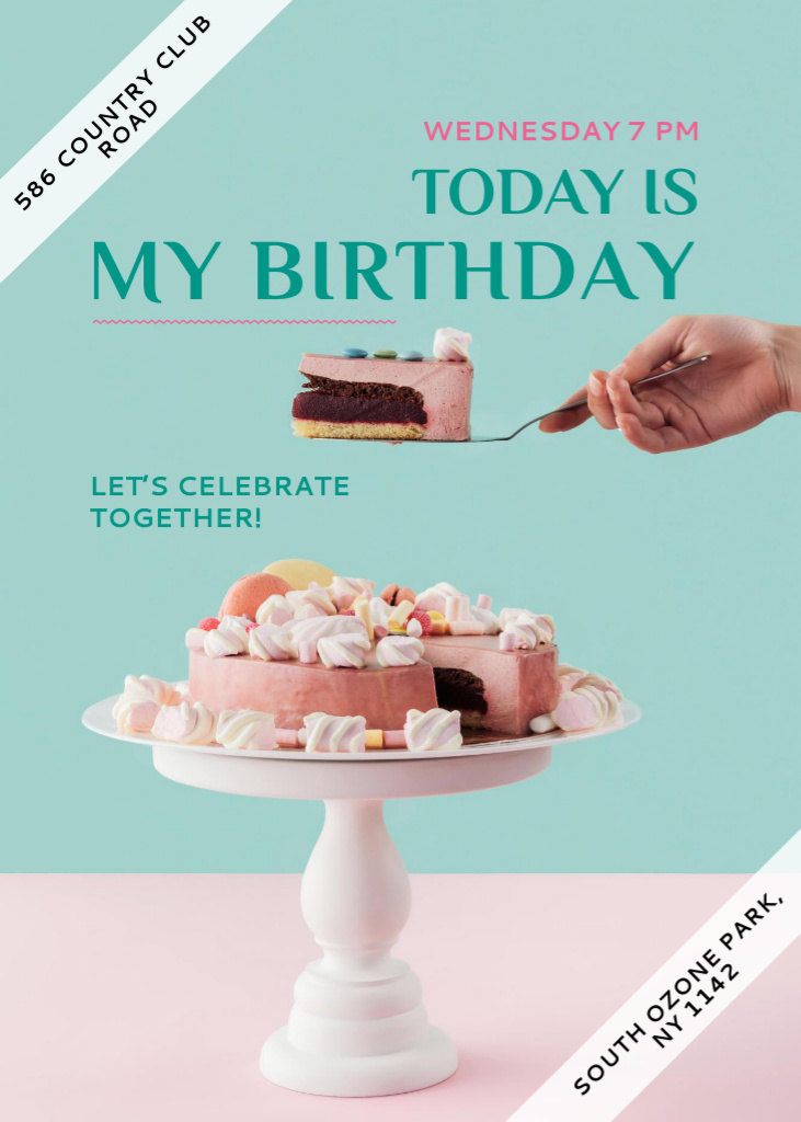 Birthday Party Invitation with Cute Cake Flayer Šablona návrhu