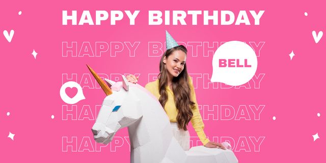 Magic Birthday Greeting for Girl with Unicorn Twitter Tasarım Şablonu