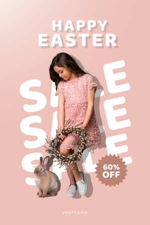 Pikkutyttö pajuseppeleen ja kanin kanssa pääsiäisale Pinterest Design Template