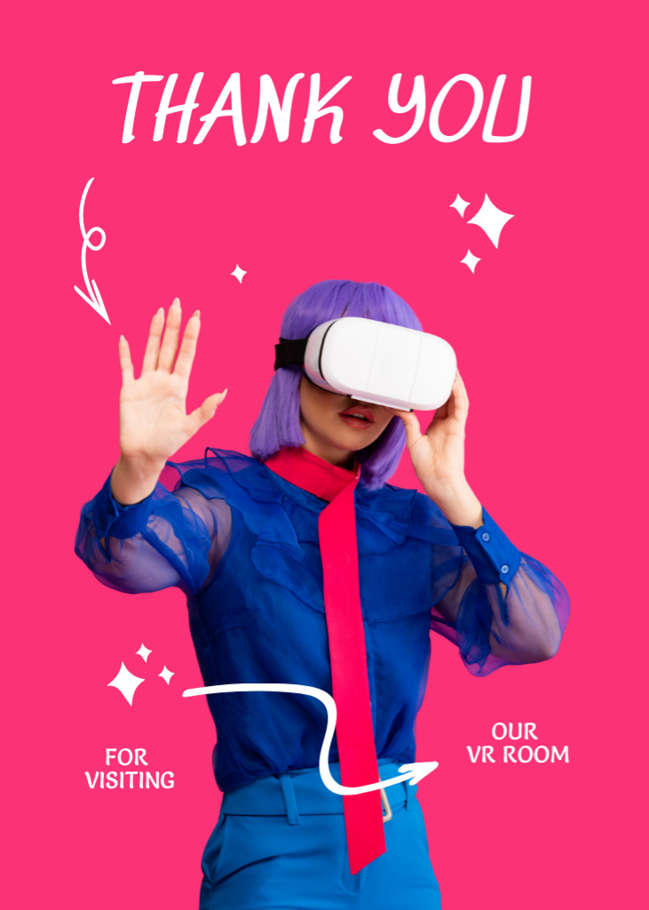 Designvorlage Bright Pink Thanks Card for Visiting VR Room für Postcard 5x7in Vertical