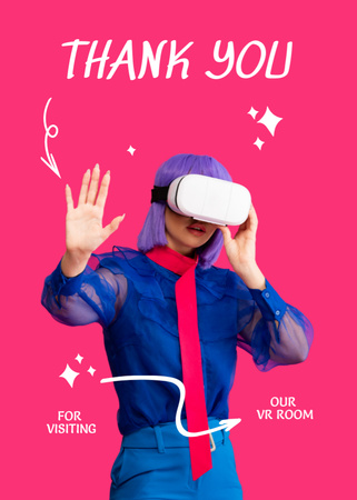 Woman in Virtual Reality Glasses on Pink Postcard 5x7in Vertical Design Template