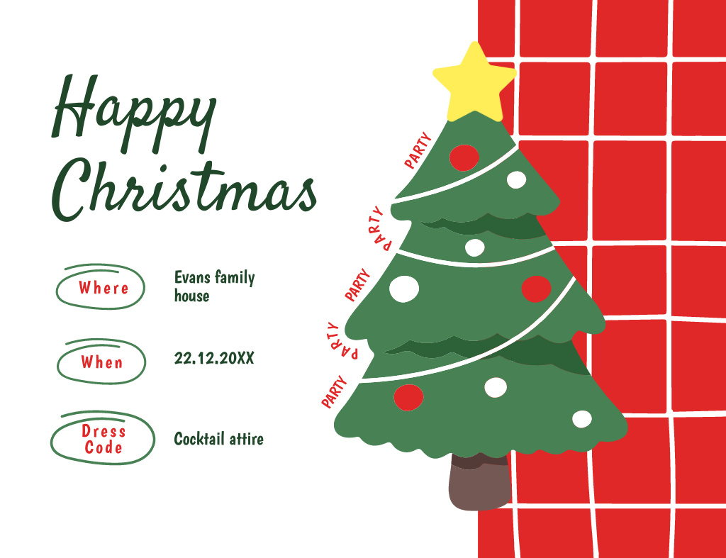 Ontwerpsjabloon van Invitation 13.9x10.7cm Horizontal van Christmas Party Announcement With Decorated Tree