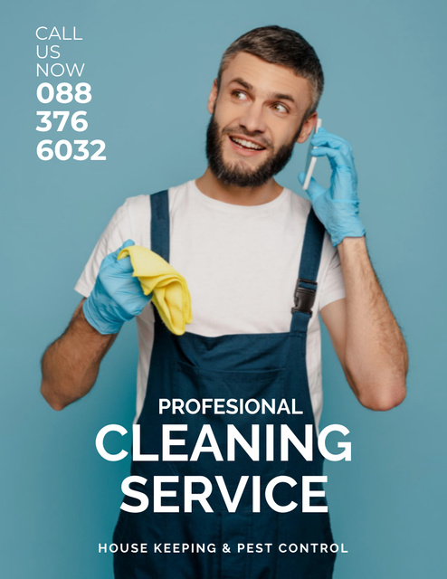 Cleaning Service Offer with Worker in Uniform Flyer 8.5x11in Tasarım Şablonu
