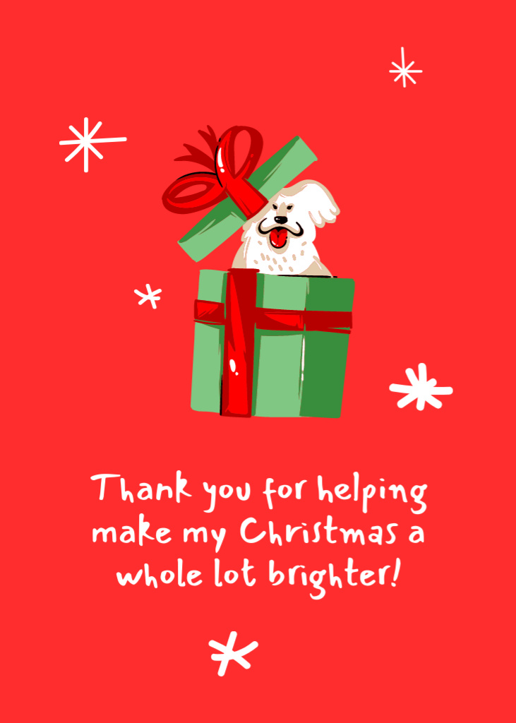 Ontwerpsjabloon van Postcard 5x7in Vertical van Christmas Greeting with Dog in Gift Box on Red