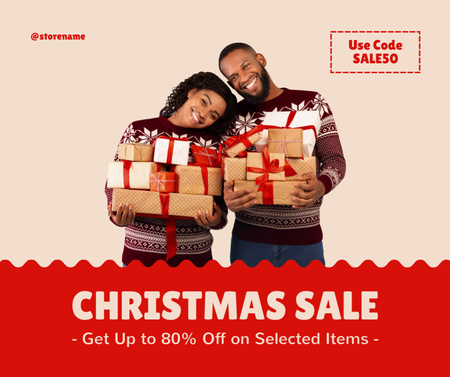 Smiling Couple Holding Gifts on Christmas Sale Facebook Design Template