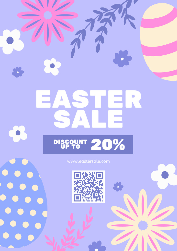 Easter Sale Announcement with Painted Eggs and Flowers on Purple Poster Design Template