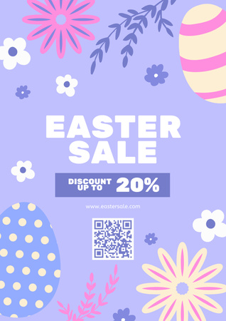 Easter Sale Announcement with Painted Eggs and Flowers on Purple Poster Πρότυπο σχεδίασης