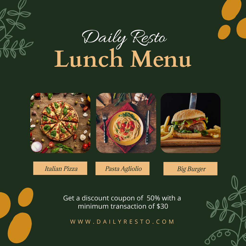 Lunch Menu Offer with Pizza and Burger Instagram Design Template