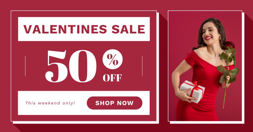 Valentine's Day Sale with Attractive Woman with Rose and Gift Facebook AD Modelo de Design