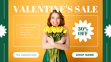 Valentine Day Sale with Happy Woman with Tulips FB event cover – шаблон для дизайну