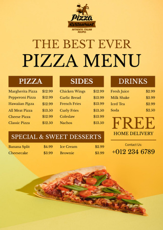 Appetizing Slice of Pizza on Yellow Menu Design Template