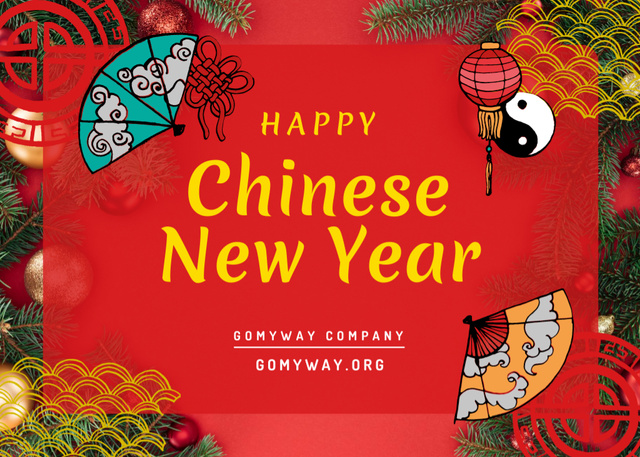 Chinese New Year Greeting with Asian Symbols Postcard 5x7in Design Template