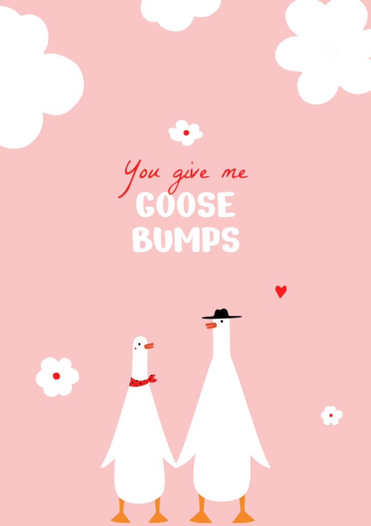 Humorous Love Phrase with Cute Geese Couple Postcard A5 Vertical Modelo de Design
