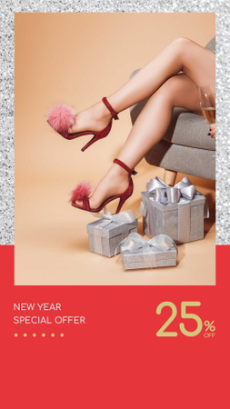 Designvorlage New Year Offer Girl with Gifts and Champagne für Instagram Story