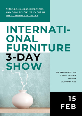 Furniture Show Announcement with White Vase for Home Decor Poster Modelo de Design