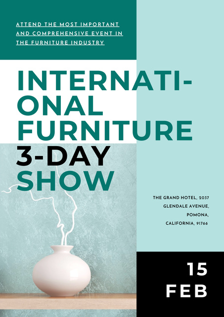 Furniture Show Announcement with White Vase for Home Decor Poster Πρότυπο σχεδίασης