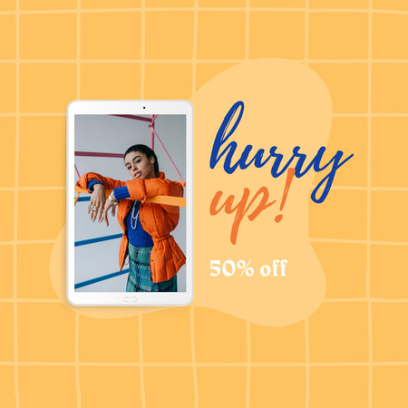 Fashion Sale Ad with Girl in Bright Jacket Instagram Design Template