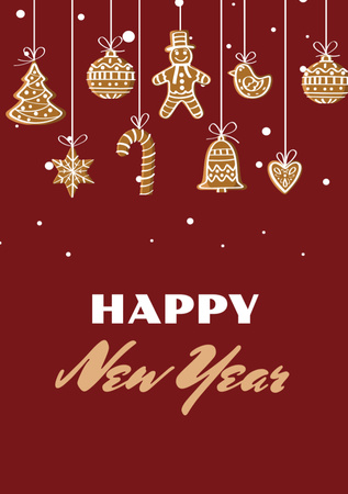 New Year Greeting with Decorations on Red Postcard A5 Vertical Modelo de Design