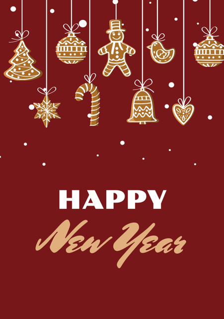 New Year Greeting with Decorations on Red Postcard A5 Vertical Πρότυπο σχεδίασης