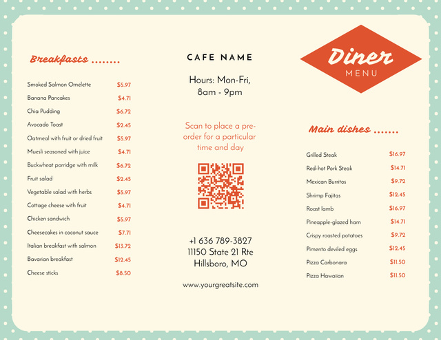 Breakfasts And Main Dishes List For Diner Menu 11x8.5in Tri-Fold Design Template